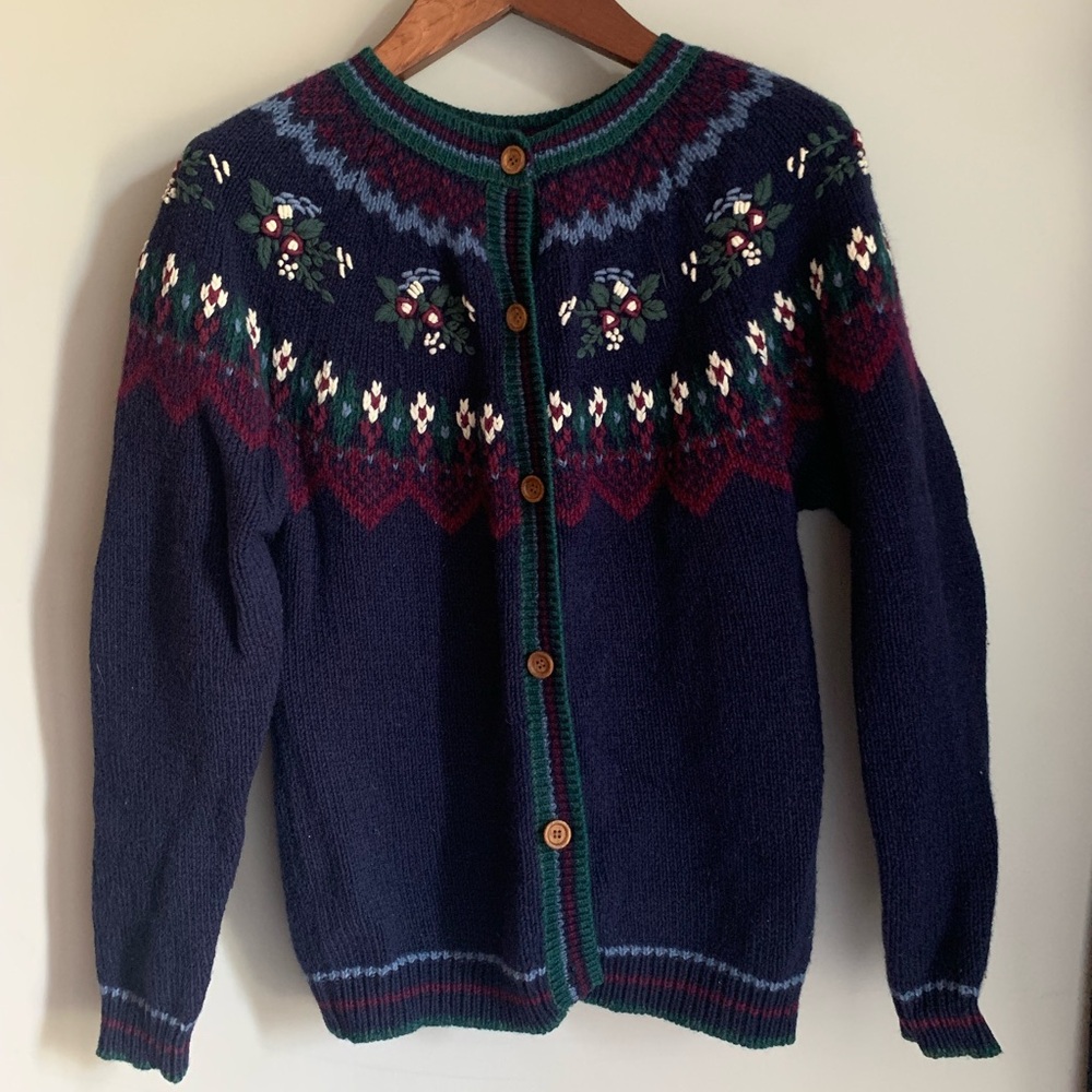 Northern Reflections Wool and Cotton Navy Floral Yolk Button-Front Cardigan